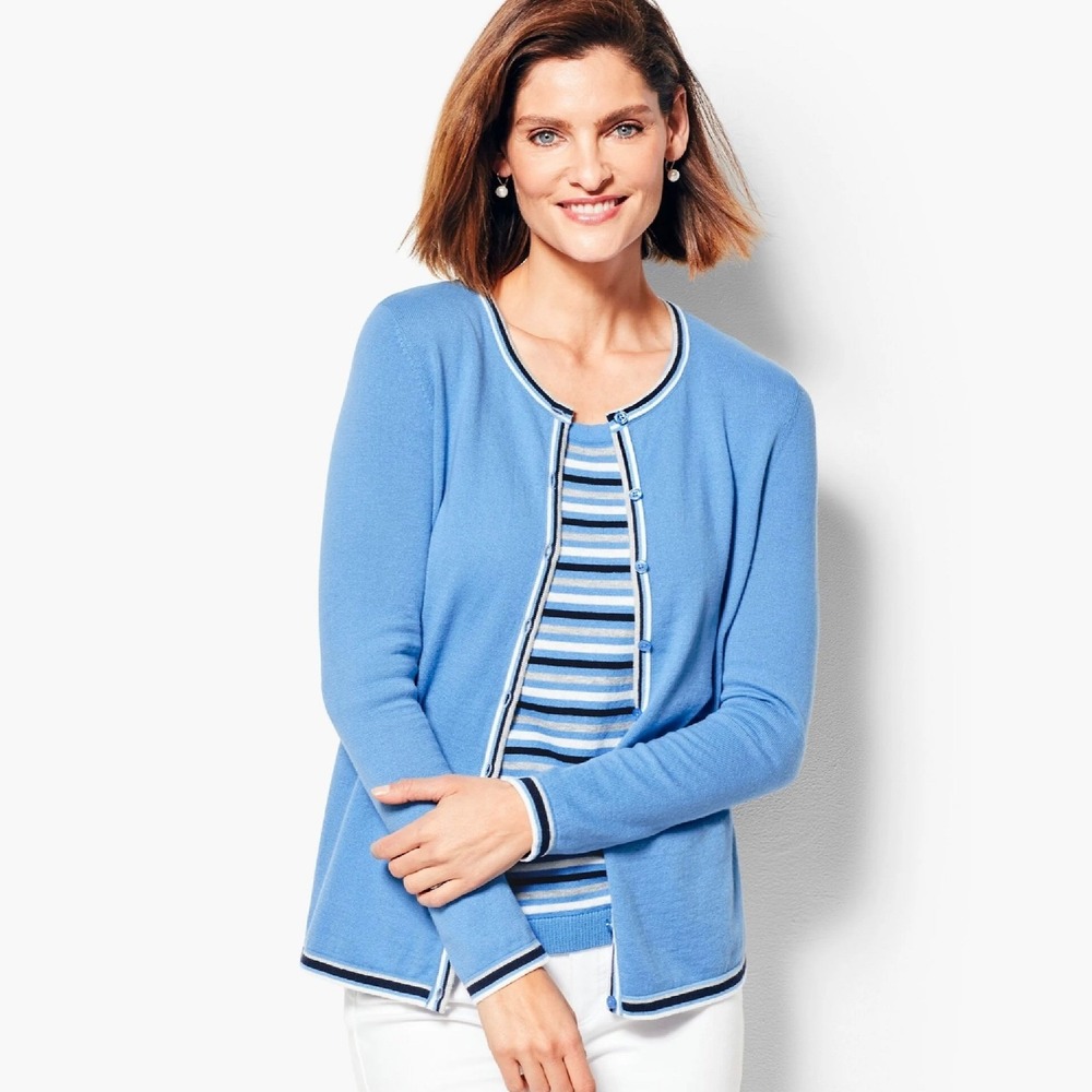 Talbots Cardigan Sweater XL Blue Cotton Cashmere Blend Striped Trim Preppy